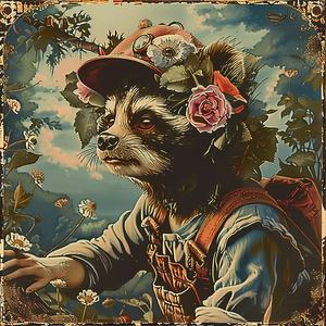 raccoon  hat  flowers  chromolithography  painting  artwork  animal  nature  humor  scene 1050442