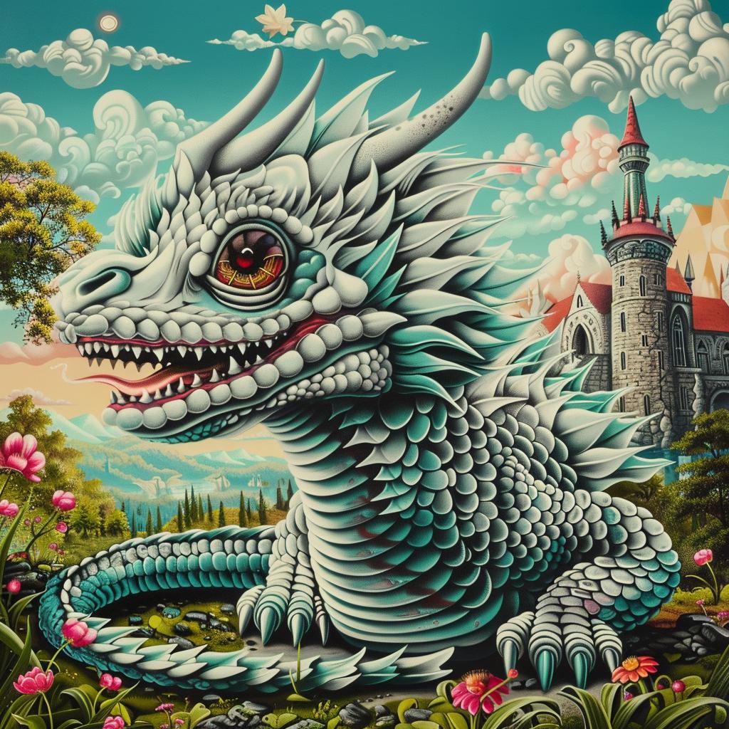 dragon  castle  painting  grin  fantasy  creature  mythical  artwork  background  landscape 1034221
