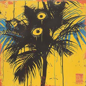 palm  tree  blockprint  black  ochre  yellow  blue  painting  color  art 1061201