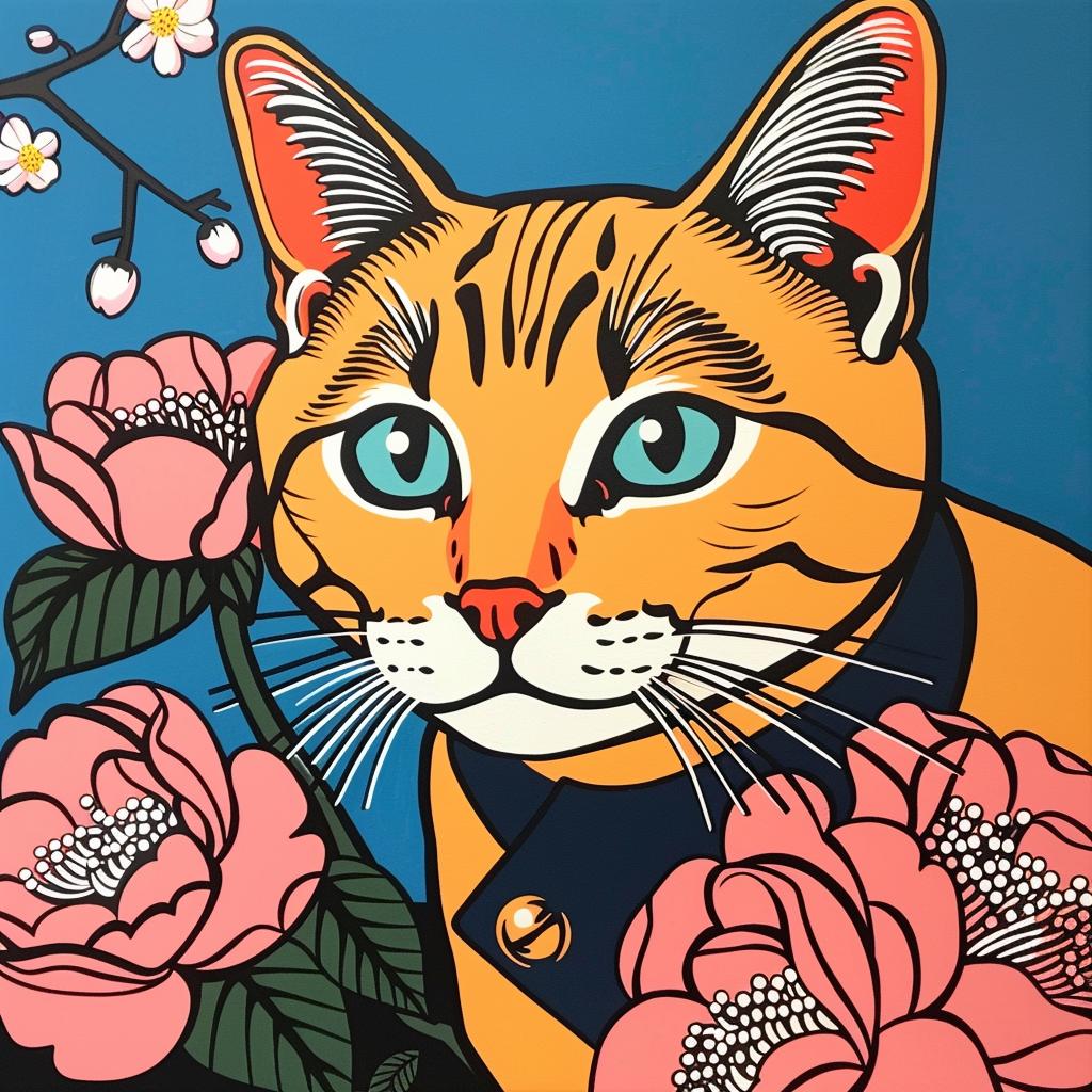 cat  bobsail  flowers  blue  background  painting  floral  whimsical  adorable  feline 972141