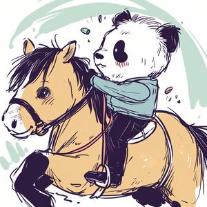 panda  horse  cute  riding  whimsical  black  white  illustration  playful  fun 1070714