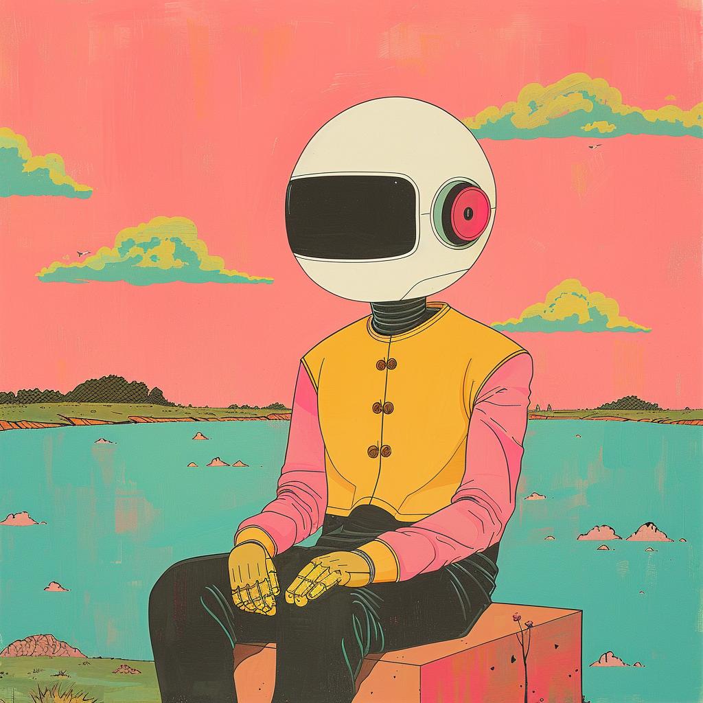painting  man  helmet  sitting  box  surreal  artwork  creative  color  imagery 1019299