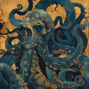 Art Nouveau  Surrealism  pointillism  octopus  skull  tentacles  dark  occult  gold  indigo 1077138
