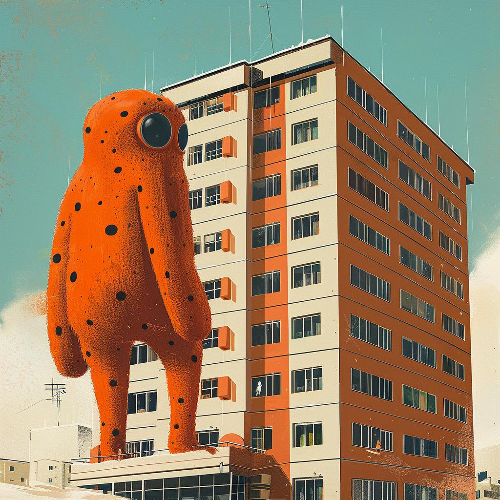 dots  dashes  creature  building  MidCentury  illustration  color  urban  monster  furry 964315