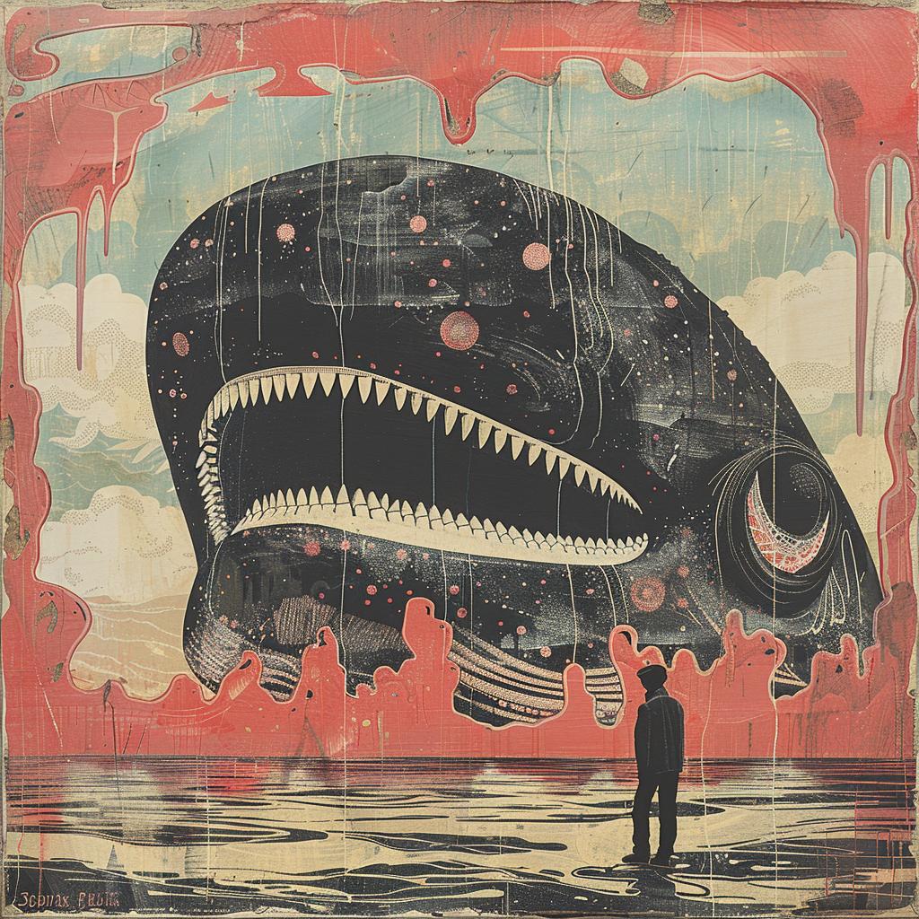 surreal  album  cover  encaustic  hyper-realistic  Ashevak  man  whale  red  background 959921