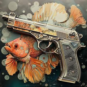 gun  fish  blue  background  chromolithography  vintage  surreal  art  contrast  creative 1040995