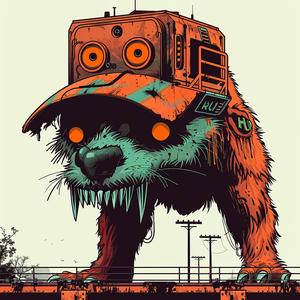 robot  dog  hat  surreal  album  cover  Risograph  screenprinting  hyper-realistic  Symbolist 1079806
