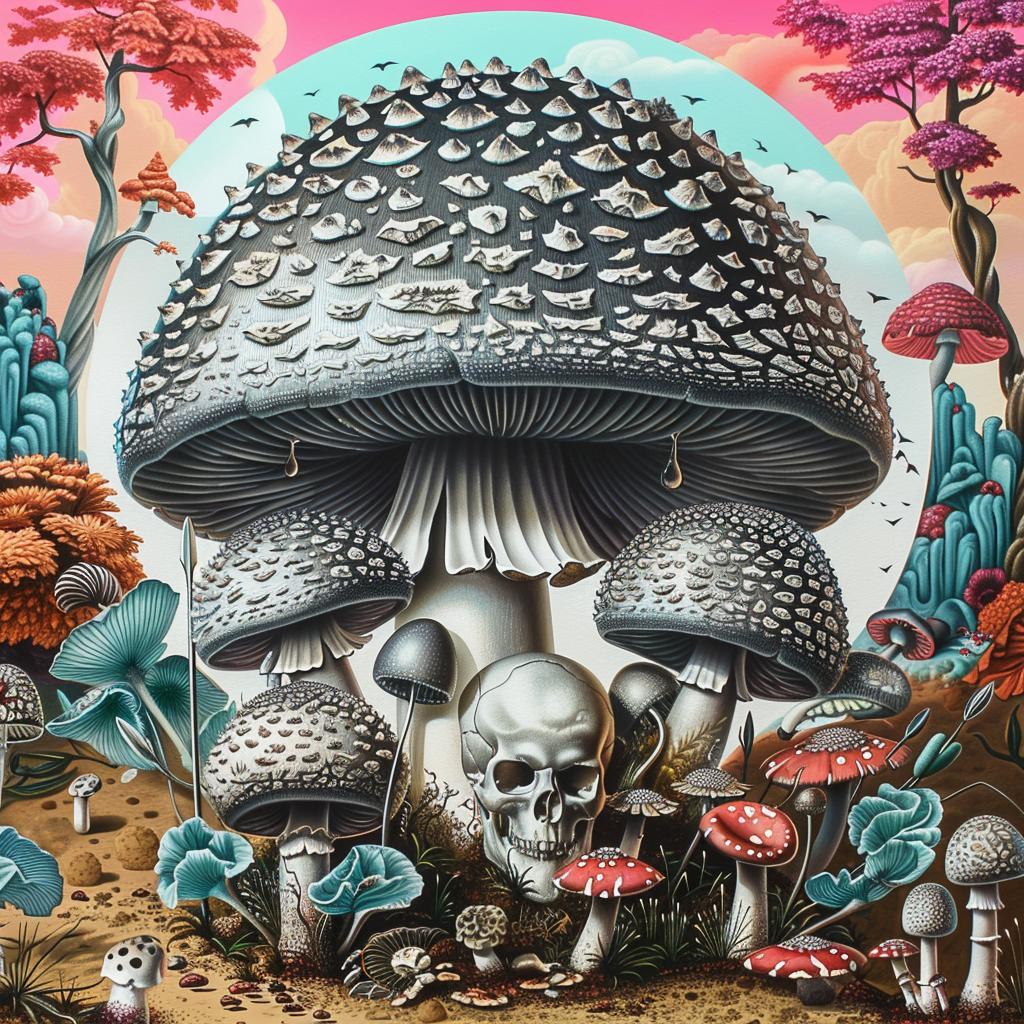 mushrooms  skull  spores  plants  flowers  villagers  spears  Japanese  intertwined  art 1036263