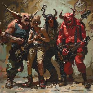 painting  band  devils  guitar  artwork  characters  fantasy  mythology  portrait  expressionism 1038021