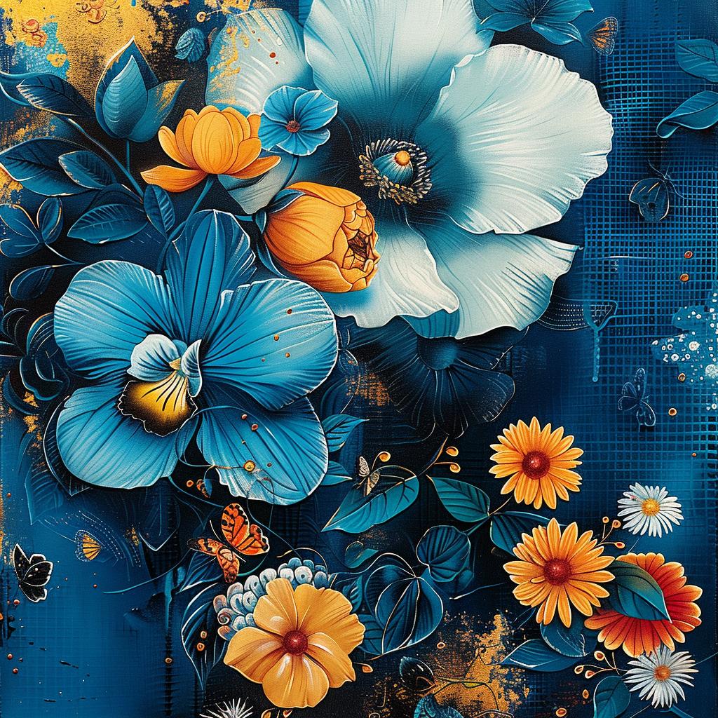 blue  flowers  yellow  painting  colorful  vibrant  nature  floral  botanical  art 963597