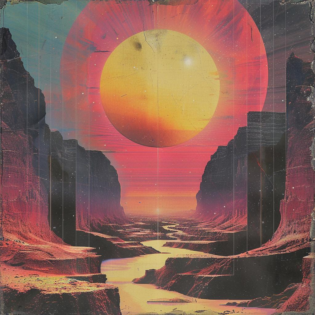 album  cover  1980s  electro  synthwave  trippy  geometric  canyon  sunrise  painting 960789