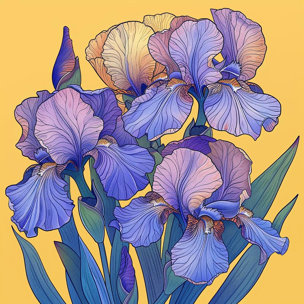 iris  drawing  flowers  purple  blue  yellow  background  illustration  art  nature 971550