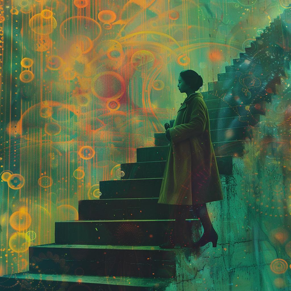 woman  stairs  coat  colorful  bubbles  geometric  artistic  vibrant  design  patterns 1019750
