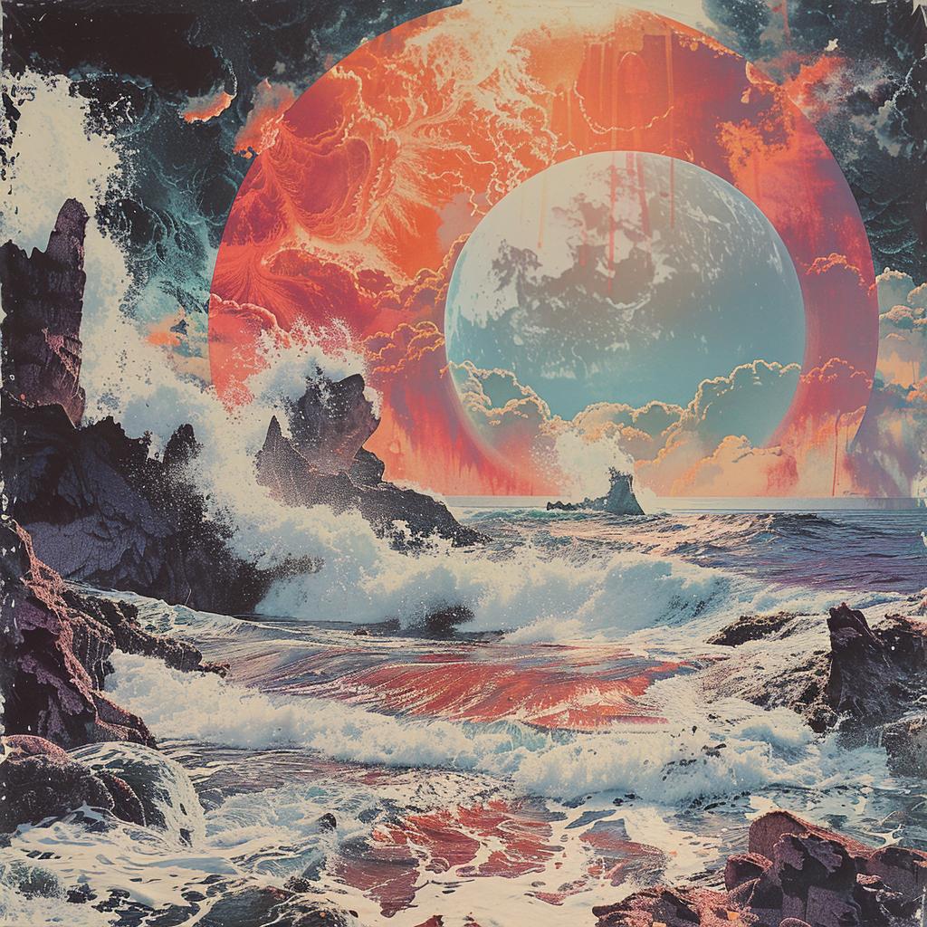 surreal  album  cover  hyper-realistic  screenprinting  Aryz  moon  ocean  waves  nature 960402