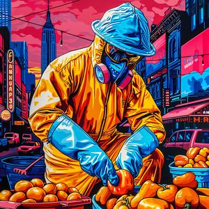 hazmatsuit  man  bellpeppers  urban  chromolithography  symbolist  playful  vibrant  colorful  humorous 1037473