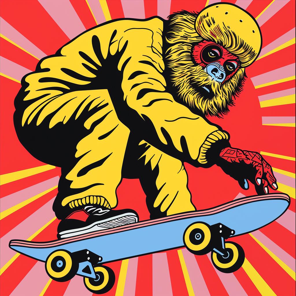 gorilla  skateboard  kickflip  poster  humorous  illustration  action  design  character  playful 962753