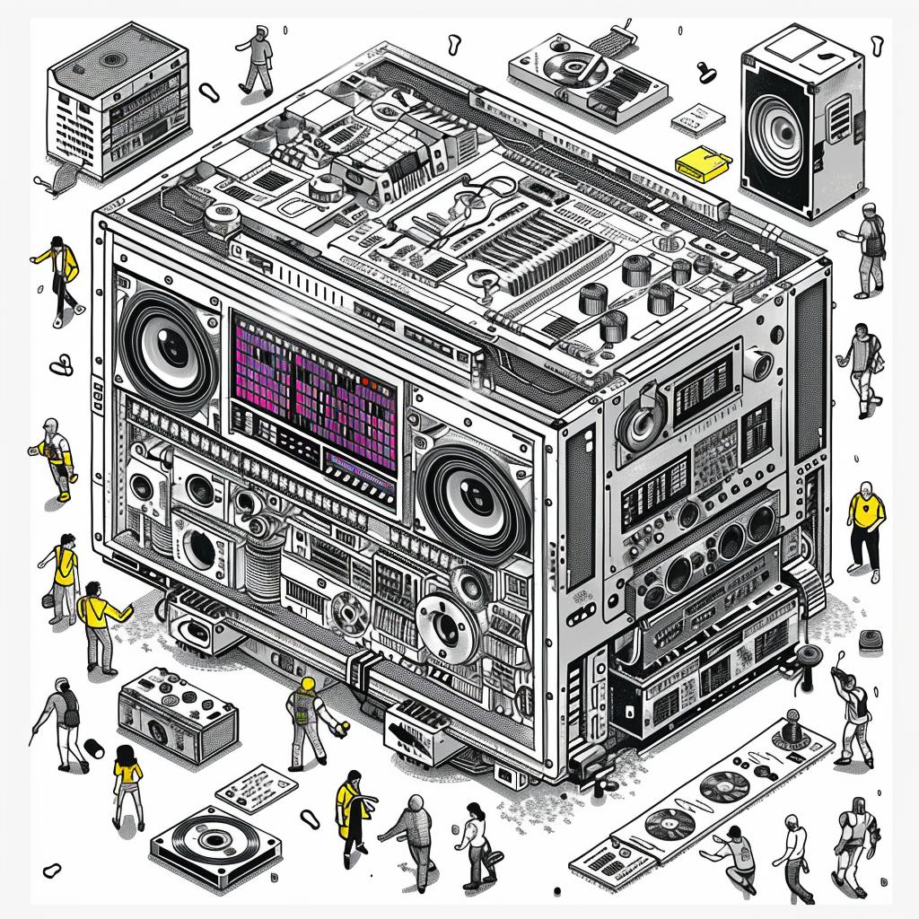 isometric  line  drawing  boombox  futuristic  architecture  muted  woodcut  people  music 943654