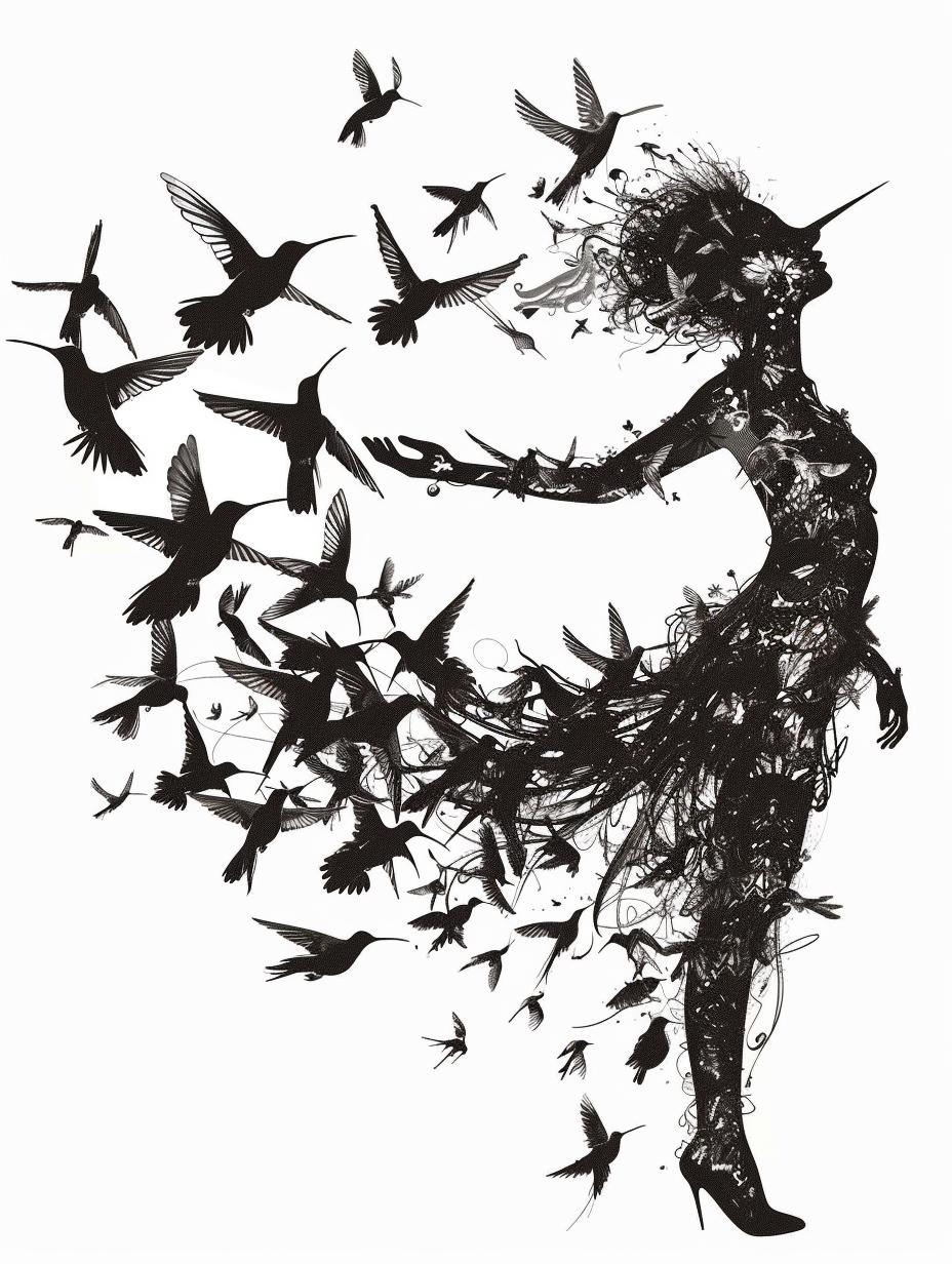 hummingbirds  silhouette  woman  swarm  flying  birds  graceful  elegance  nature  shape 953853