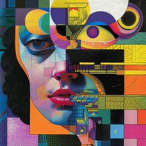 وجه امرأة بأشكال ملونة، غلاف ألبوم رمزي، رسم ريسوجراف تجريدي رقم 1079548