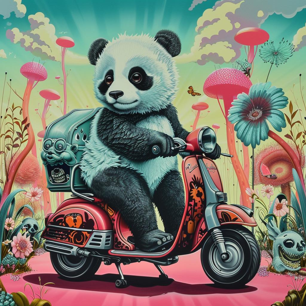 panda  moped  motorcycle  field  cute  cartoon  humor  illustration  white  background 1028349