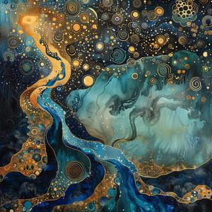 river  stars  sky  ArtNouveau  Surrealism  pointillism  gold  indigo  teal  mystical 1077199