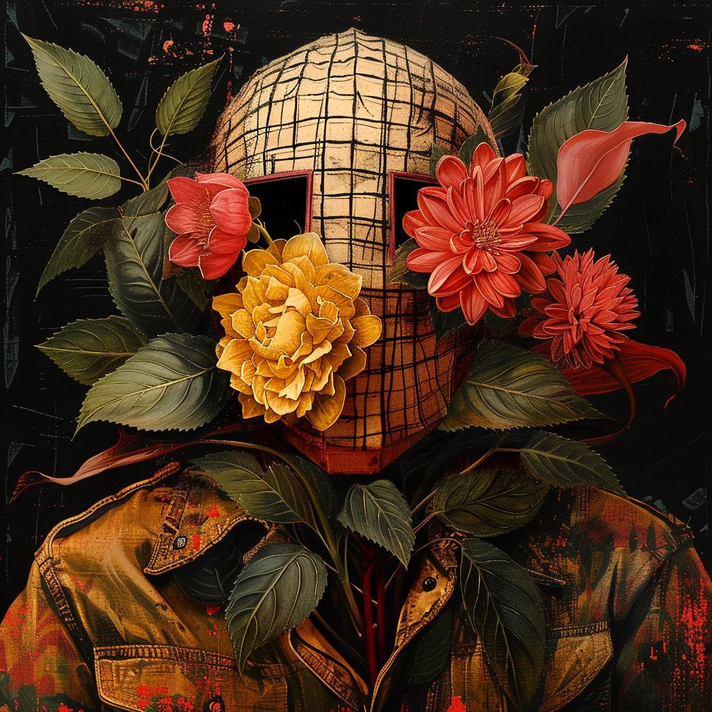 man  mask  flowers  painting  chromolithography  figurative  stylized  portrait  colorful  illustration 1018468