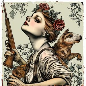 woman  rifle  dog  chromolithography  portrait  outdoors  realistic  detailed  illustration  nature 1058315