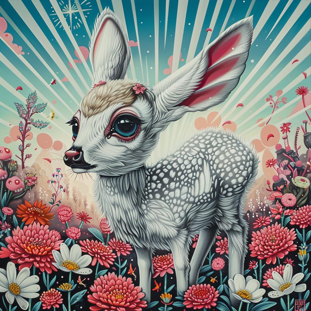 fawn  kawaii  white  background  painting  deer  flowers  oversized  charming  art 1033823