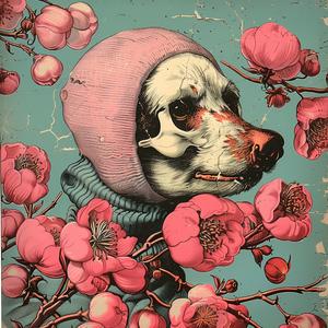 dog  hat  scarf  pink  chromolithography  whimsical  illustration  colorful  nature  art 1050878