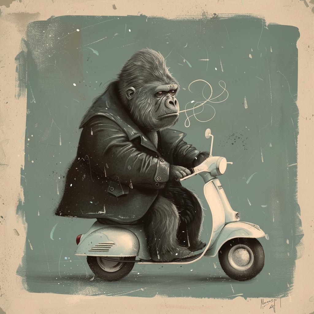 gorilla  trenchcoat  moped  scooter  cigarette  playful  humorous  vibrant  whimsical  transportation 1021560