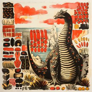 chromolithography  dinosaur  painting  red  black  stripes  colorful  artwork  illustration  bold 1049836