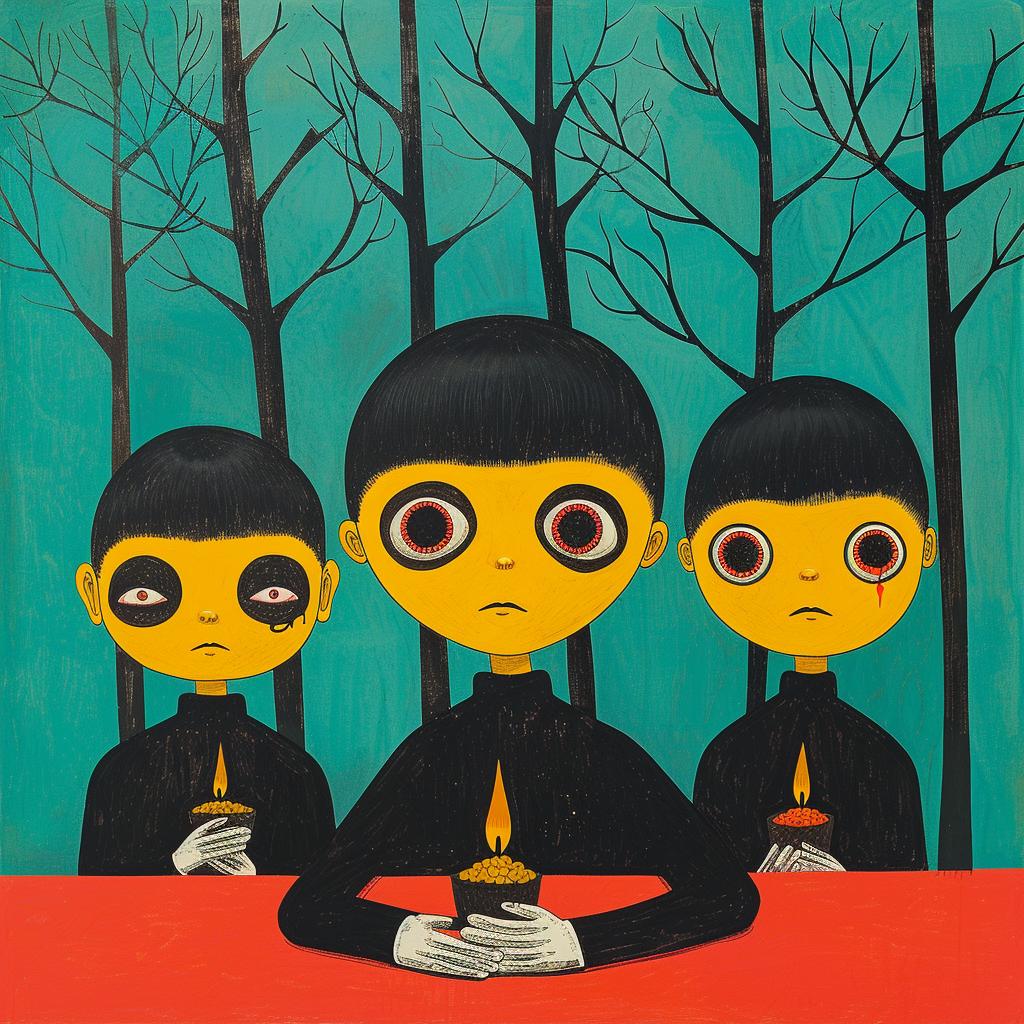 children  black  eyes  yellow  faces  table  surreal  dark  arts  playful 1019330