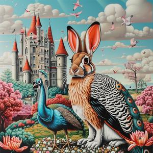 rabbit  peacock  castle  fantasy  colorful  whimsical  landscape  surreal  artwork  animals 1037369