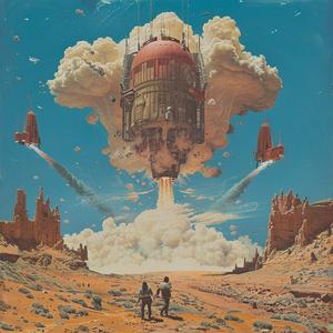 heavy  metal  album  cover  painting  desert  rocket  ship  art  style 1060340