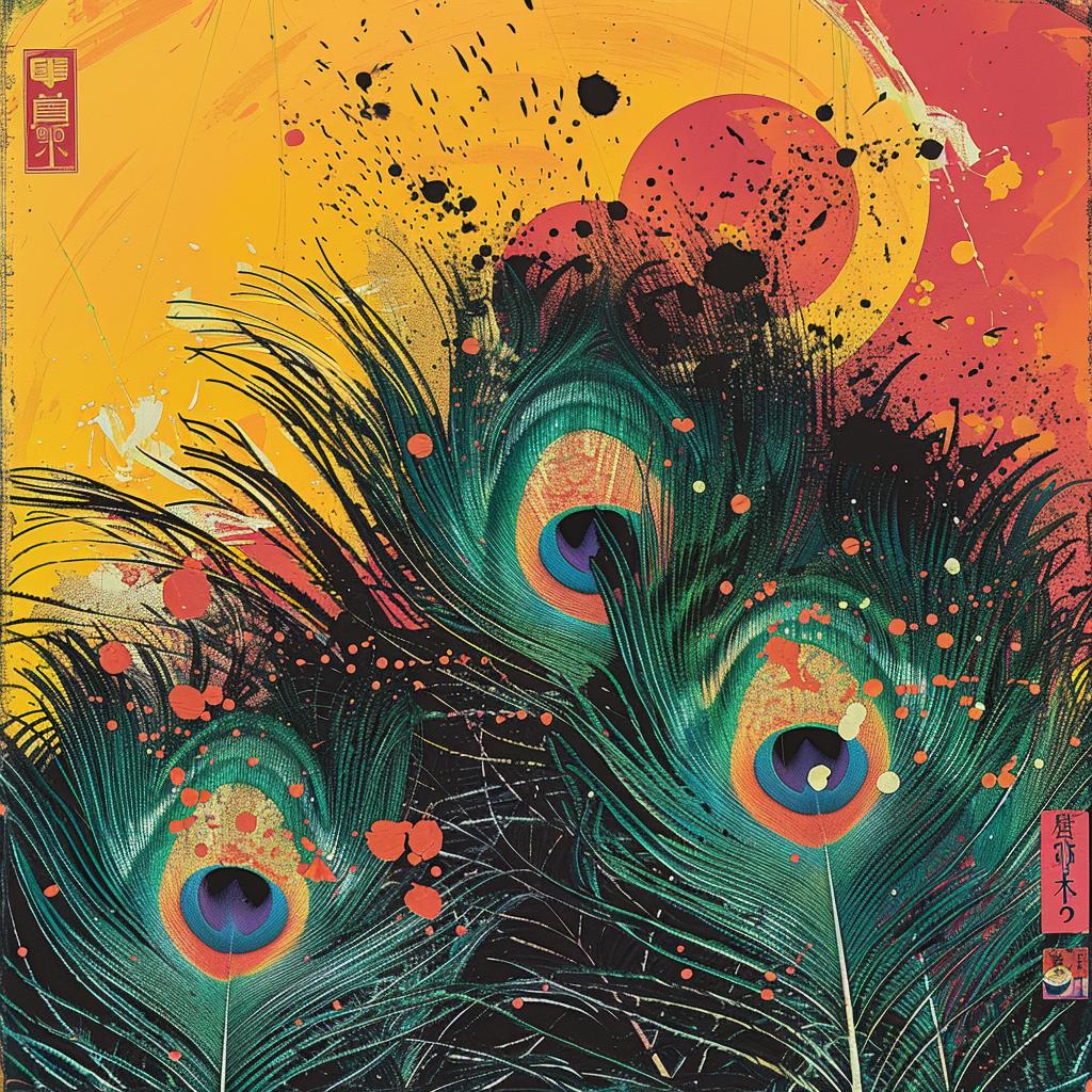album  cover  peacock  feathers  Ukiyo-e  surreal  flowerpunk  chaos  Risograph  creative 916777