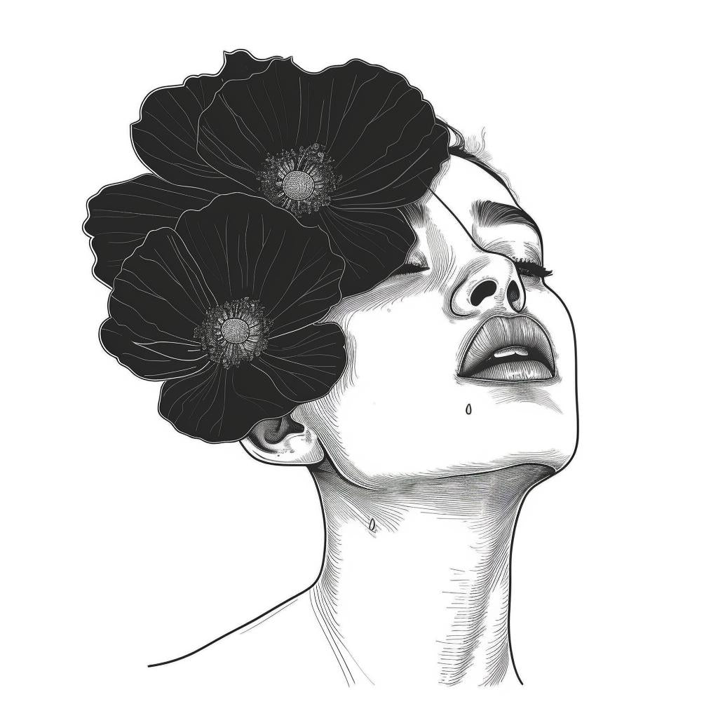 رسم توضيحي متجهي لامرأة بوهيمية بسيطة، رسم شعر وزهور، رسم خطي عصري 960064
