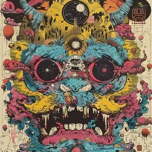 surreal  album  cover  dragon  colorful  objects  Risograph  Symbolist  screenprinting  Todd White 1079143