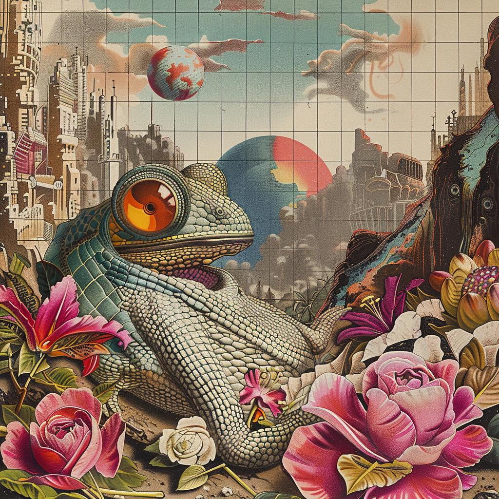 painting  lizard  flowers  city  chromolithography  colorful  nature  urban  art  illustration 1036130