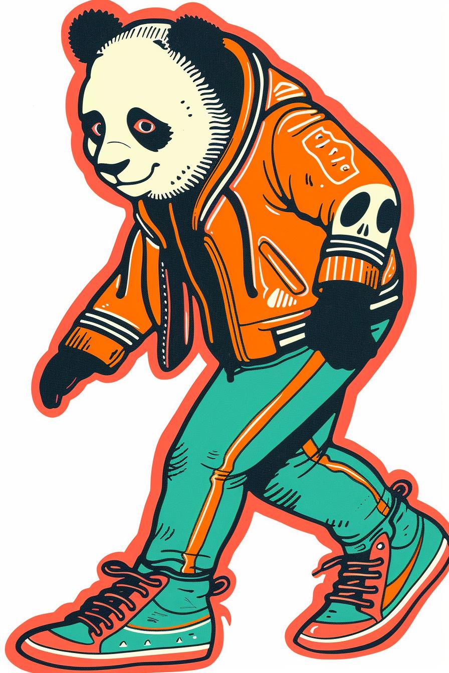panda  orange  jacket  green  pants  streetwear  dynamic  walking  pose  stylized 938809