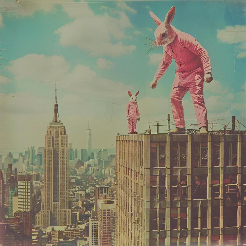 surreal  collage  NYC  rabbit  costume  building  whimsical  highcontrast  playful  urban 970859