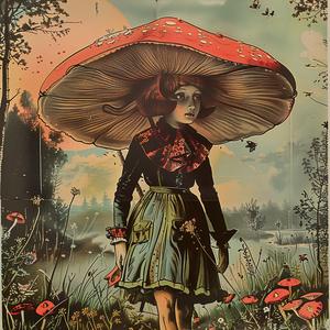 girl  umbrella  mushroom  painting  chromolithography  colorful  nature  illustration  art  playful 1052234