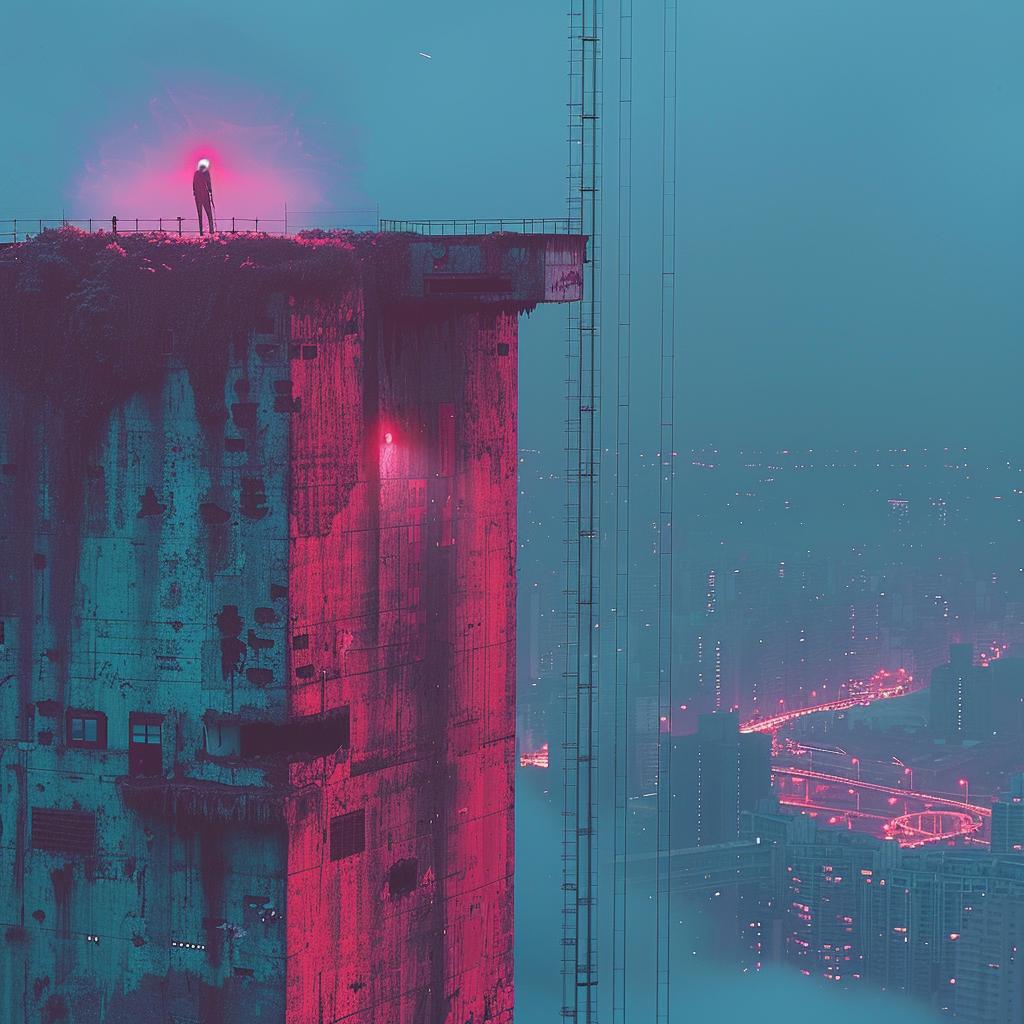 man  building  cyborg  surreal  photography  neon  lighting  volumetric  pink  teal 1029537