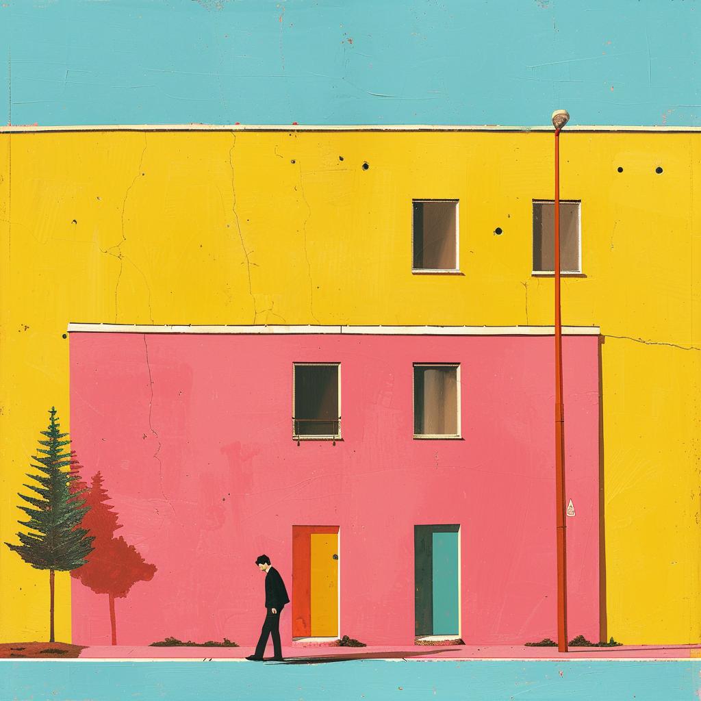 surreal  album  cover  metaphor  colorful  building  painting  man  walking  art 1019099