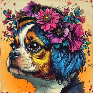 dog  flowers  hair  chromolithography  playful  animal  illustration  vibrant  colorful  background 1052711