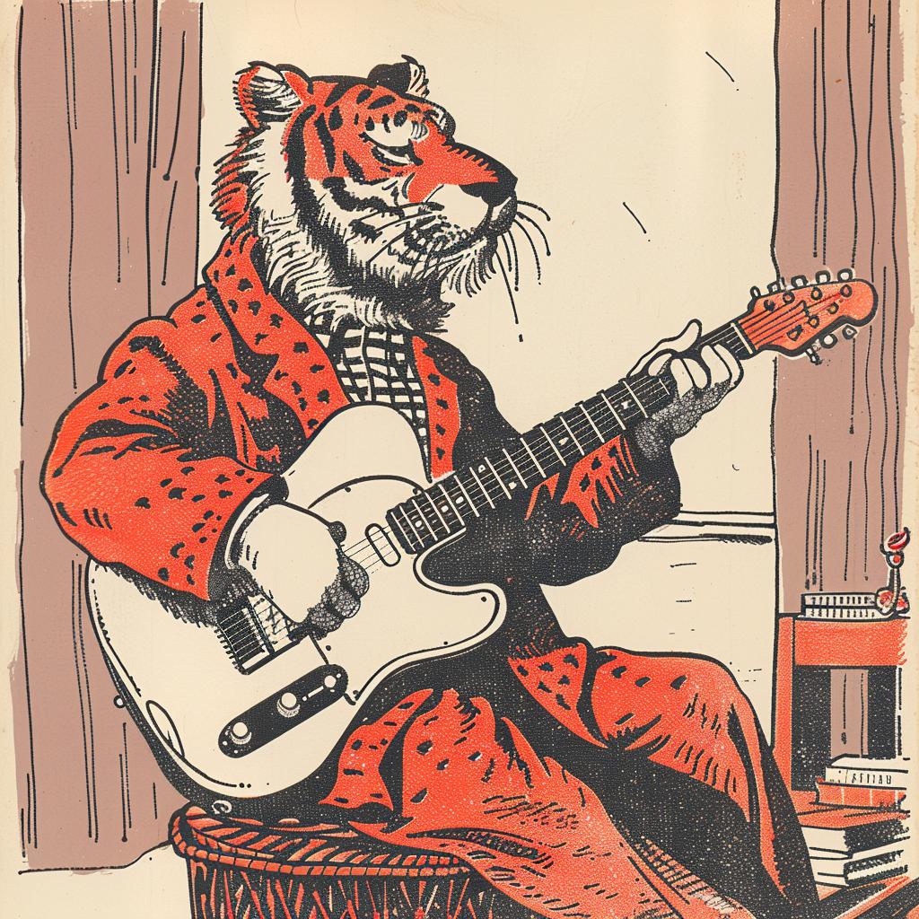 tiger  guitar  anthropomorphic  illustration  Moebius  cartoon  red  character  music  play 922679