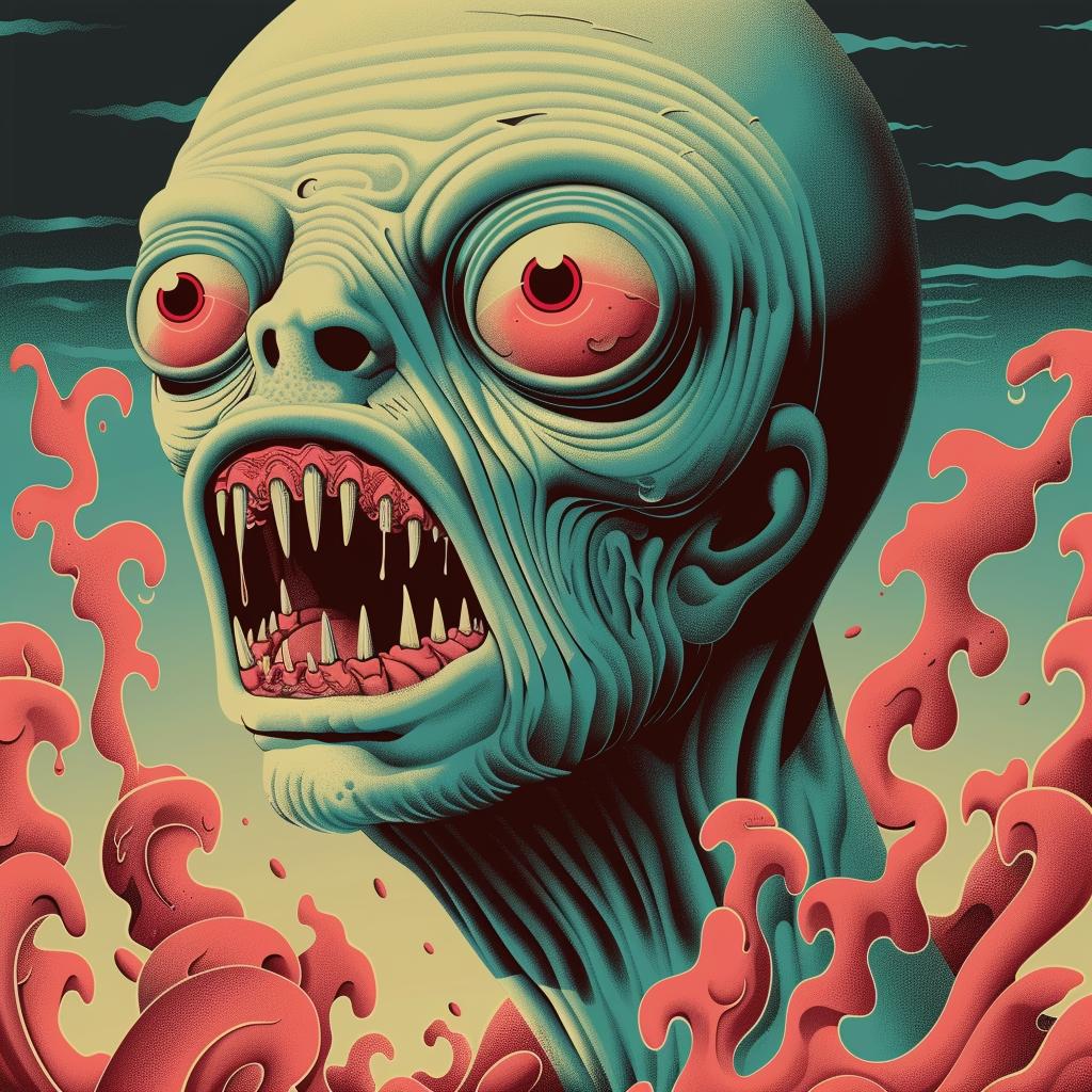 creature  monster  red  eyes  japanese  lettering  chromolithography  artwork  poster  face 945887
