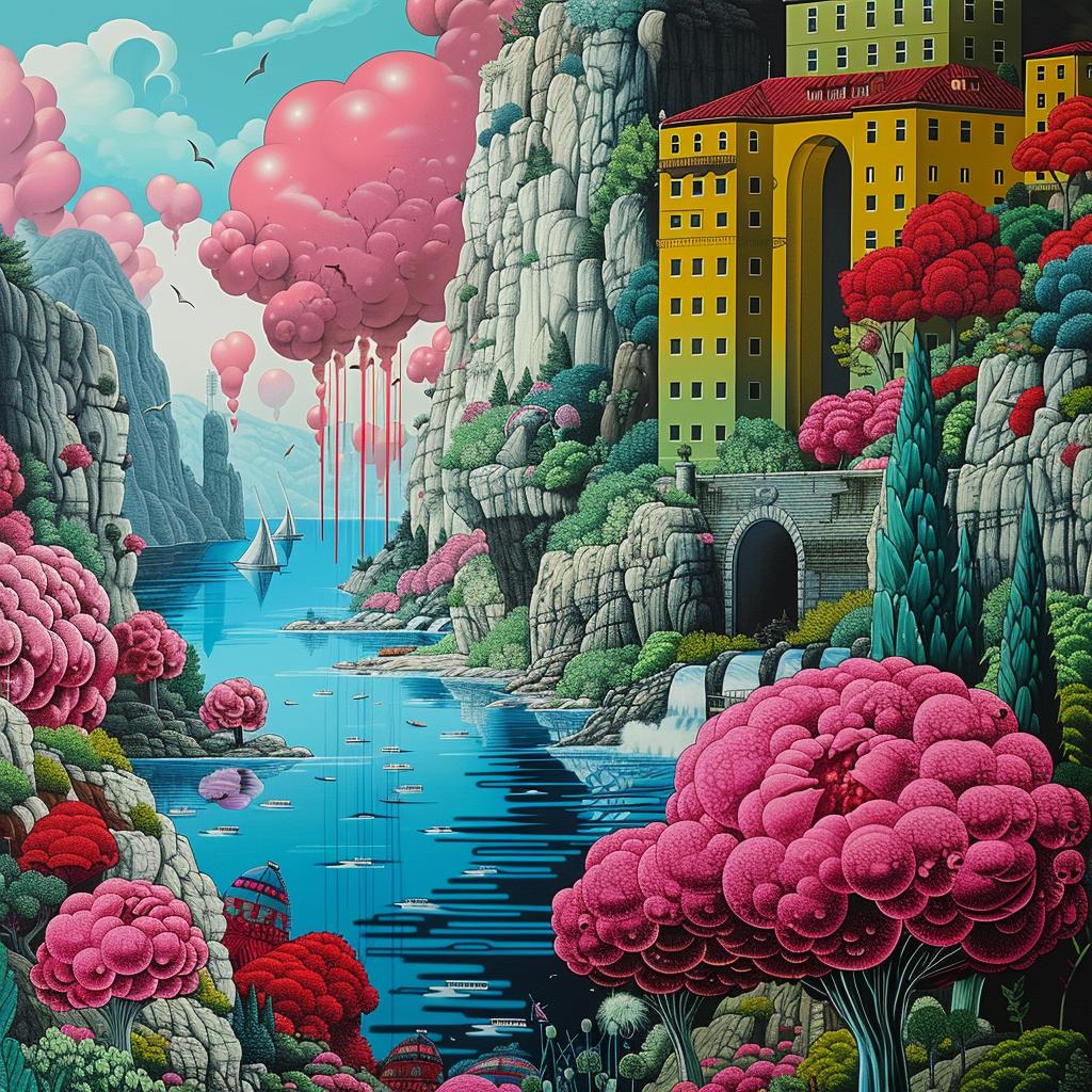 city  clouds  pink  trees  ocean  art  illustration  colorful  vibrant  abstract 945216