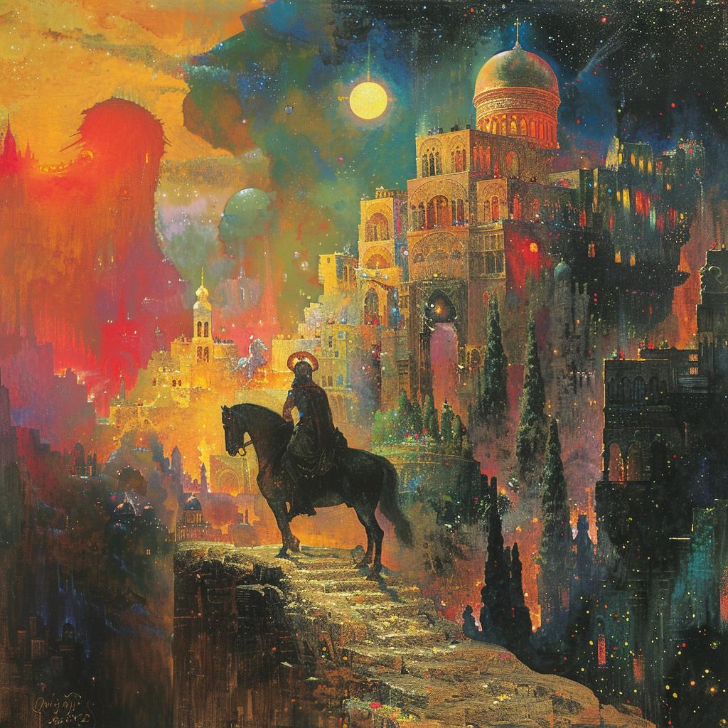 لوحة أوديسيوس على ظهر حصانه، طاقة المدينة الملونة، الساحة اليونانية، ليلة نابضة بالحياة 1025254