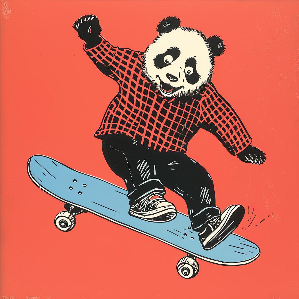 panda  skateboarding  dynamic  Rockwell  art  vibrant  portrait  activity  illustration  fun 921747