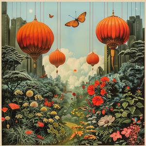 garden  lanterns  butterflies  painting  nature  chromolithography  vibrant  serene  colorful  floral 1041282